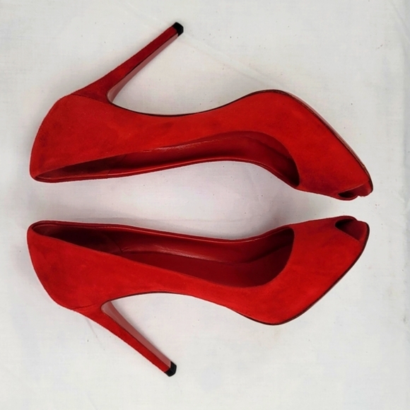 Miu Miu Prada Red Suede Peep Toe Stiletto Heels Pumps Size 37.5 - Picture 6 of 8